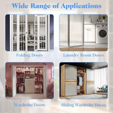 Image showing various applications of the 8 Piece Spring Loaded Bi Fold Door Hardware Kit For Closet Doors Easy Install Stainless Steel Folding Doors Top Roller Guide Wheel And Top Pivot Bifold Repair Kit DIY Friendly, including folding doors, laundry room doors, wardrobe doors, and sliding wardrobe doors.