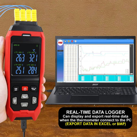 Red handheld thermocouple data logger with four yellow sensor plugs, USB cable, connected to a laptop displaying temps.