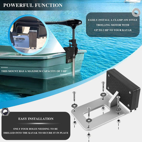 Transom Trolling Motor Mount For Kayaks And Small Boats Universal Fit For Flat Sterns With Easy Clamp On Installation shown in use on kayak