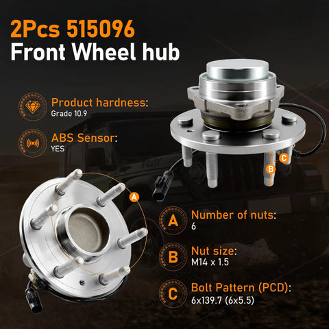 2Pcs 515096 Front Wheel Hub with ABS for GM vehicles, showing 6-lug design, ABS sensor, and product details.