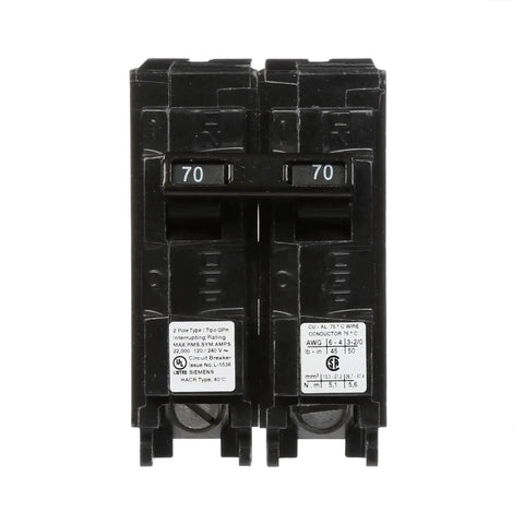 Front view of 70 Amp Double Pole 240 Volt Type QPH Circuit Breaker With 22kA Interrupting Rating, Easy Plug In Connection For Enclosures