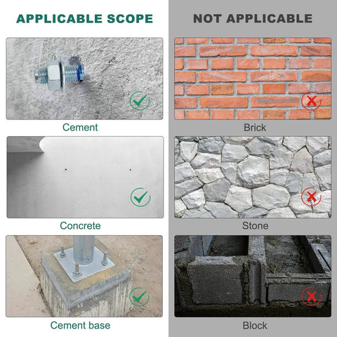 Image showing applicable surfaces for Three Quarter Inch By Five And One Half Inch Concrete Wedge Anchors Bolts Zinc Plated, highlighting cement and concrete.