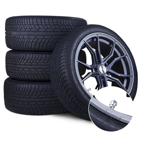 4 Pack Metal Tire Valve Stems TR-416-S Outer Mount 1 Inch Core, Fits 0.453 and 0.625 Inch Rim Holes, shown on stacked tires.
