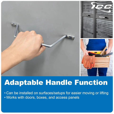 Hand using adaptable metal handle on a gray surface with inset images of person carrying a wooden box and metal lockers.