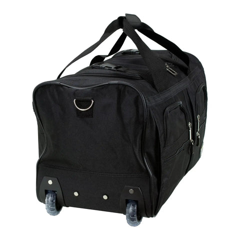 Black 22-inch rolling duffel bag with extra large wheels and a wide U-shaped opening, featuring heavy-duty zippers and four front pockets.