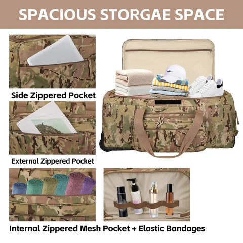 Heavy Duty 120L Three Wheel Rolling Duffle Bag With Durable TearResistant Construction and Military Deployment Styling, displaying spacious storage with side and internal pockets for travel and camping gear.