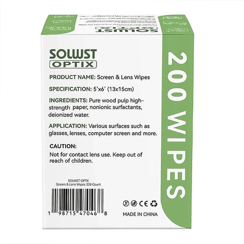 Back view of Solwst Optix Lens Cleaning Wipes box detailing 200 wipes, specifications, and ingredients for glasses and screens.