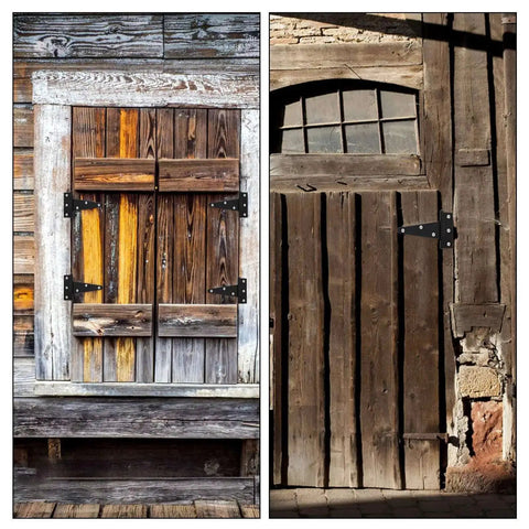 Wooden barn doors with T-strap hinges, showcasing black durable steel construction for outdoor use, screws included.