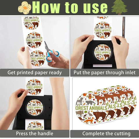 Instructions for using 58mm Button Maker Circle Cutter Punch for Badges and DIY Crafts with paper and forest animal design.