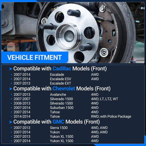 Front Wheel Hub And Bearing Assembly Set For 4x4 4WD Chevy Tahoe Suburban Silverado Avalanche GMC Yukon XL Sierra 1500 Cadillac Escalade ESV EXT 2007 To 2014 installed on vehicle showcasing compatibility.