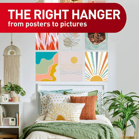 Room with colorful artwork above bed using Poster Strips 64 Count Damage Free Hanging Adhesive No Tools Hangs Up To 32 Posters Or Signs