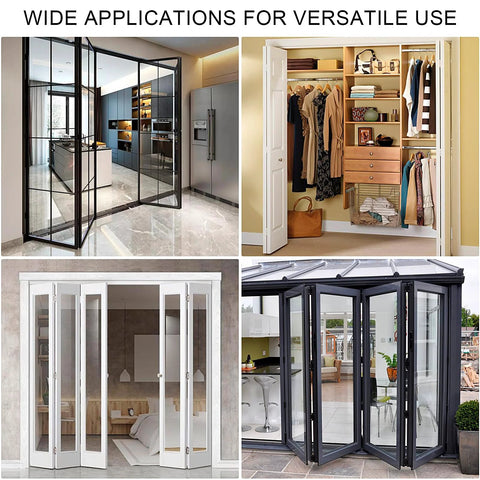 Four images showing bifold doors in various settings, highlighting versatility. Two Pack Bifold Door Hardware Repair Kit With Top And Bottom Brackets Pivots And Spring Loaded Guide Wheel For Sliding Closet Barn Pocket And Accordion Doors DIY Friendly Pro Grade Heavy Duty Build Built To Last And Easy To Install.
