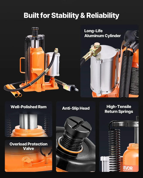 20 Ton Air Hydraulic Bottle Jack With Pneumatic And Manual Lift For Cars Trucks showing parts like aluminum cylinder, anti-slip head, and return springs.