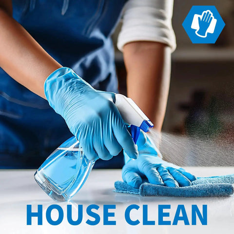 Person cleaning with spray wearing Powder Free Nitrile Exam Gloves 4.5 Mil Latex Free Blue 100 Medium Disposable