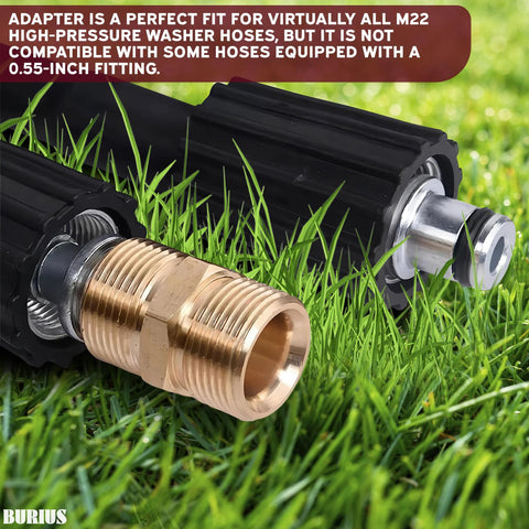 Brass M22 14mm pressure washer hose coupler with quick-connect on a black heavy-duty adapter body.