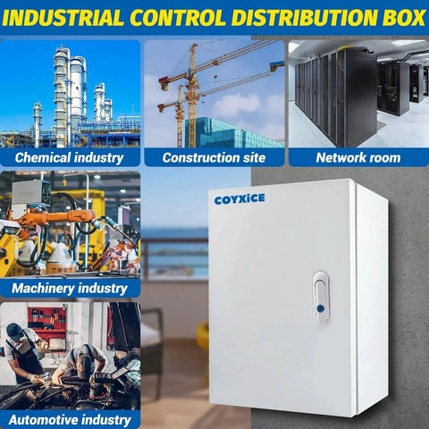 Heavy Duty Steel Electrical Box 16 X 12 X 8 Inches NEMA 4X Weatherproof Junction Enclosure For Indoor And Outdoor Use with images of industrial applications.