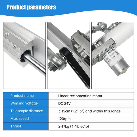 Diagram showing DC 24V DIY Reciprocating Linear Actuator With Adjustable Telescopic Stroke And Speed Controller, product parameters listed.