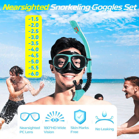 Smiling man wearing Myopia Friendly Dry Snorkel Gear with Detachable Camera Mount, Anti Fog Mask, Royal Blue Minus Four Diopter Lens