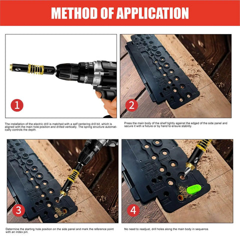 Image showing application method of Cabinet Shelf Pin Jig With Quarter Inch Drill Guides For Straight Holes And Drilling Template.