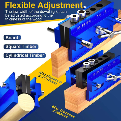 Steady Self Centering Dowel Jig Kit For Straight Holes And Biscuit Joinery Adjustable Width Drilling Guide shown on wood