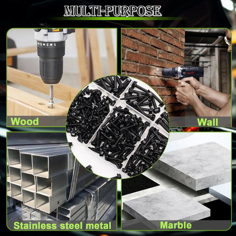 Self Tapping Screws Kit 300 Pieces In 410 Stainless Steel Black Zinc Hex Washer Head for wood, wall, metal, marble use.