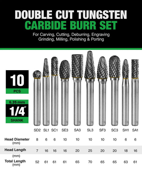 Image showing a 10 Piece Carbide Burr Set With One Quarter Inch Shank And Clear Storage Box 8mm Head Diameter Die Grinder Bits Kit For Metal Wood Stone Steel Grinding Deburring Cutting Porting Carving Rasp File Attachments Includes Four Pro Grade And Most Useful Shapes.