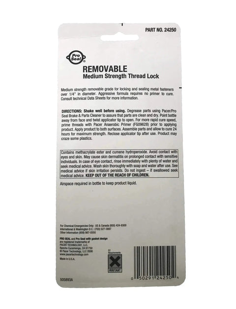 Back view of packaging for Removable Blue Thread Locker Medium Strength For Fasteners Up To Three Quarters Of An Inch Fifty Ml Bottle Resistant To Gasoline Oil Antifreeze Prevents Galling Removable With Hand Tools Temperature Range Minus Sixty Five To Three Hundred Fahrenheit