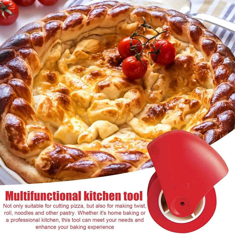 Pastry Wheel Crust Decorator And Lattice Cutter For Pie Tops Crinkle Dough Cutter next to a decorated pie with a braided crust.