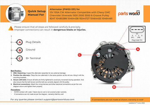 Quick setup manual for 105 Amp 12V Alternator For Chevy GMC Trucks Beefed Up Heavy Duty Replacement 6 Groove Pulley CW Rotation