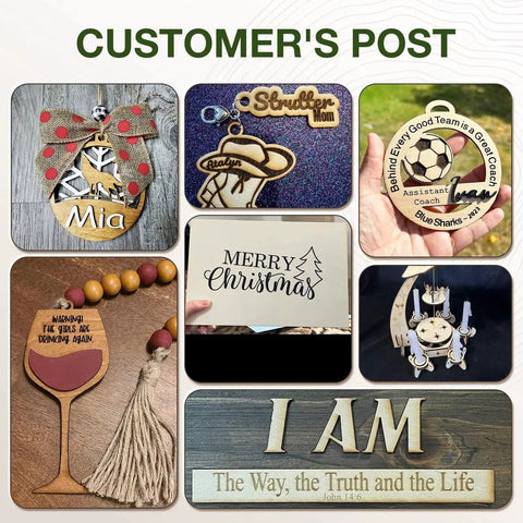 Collage of crafted items including name tags, ornaments, plaques, and decorative wooden pieces.