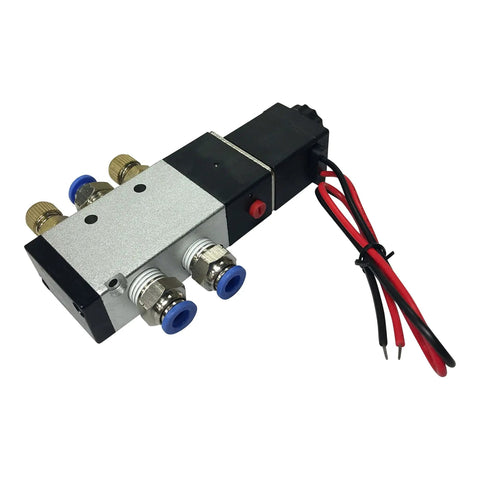 Four Way Solenoid Valve One Quarter Inch With All Fittings For Pneumatic Cylinders Twelve Volt Includes Push In Air Fittings And Speed Control Brass Mufflers For Fast Lift And Big Airflow, shown with wiring and attachments.