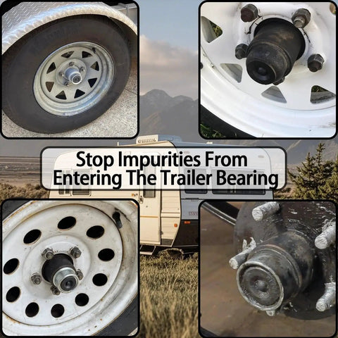Trailer Hub Cap Plugs Set For 1.98 Inch 2.44 Inch And 2.72 Inch Axle Caps Rubber Grease Plugs for trailers and RVs shown on wheels