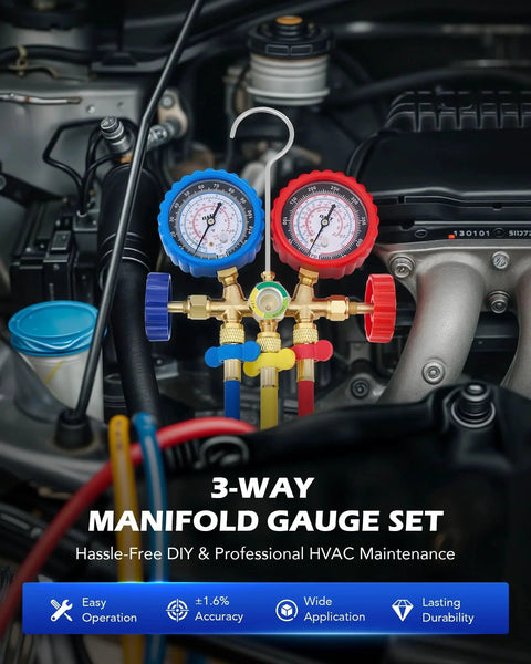 Pro Auto AC Gauges Set for R134a R12 R502 Refrigerant with 3 Way Manifold installed in car engine