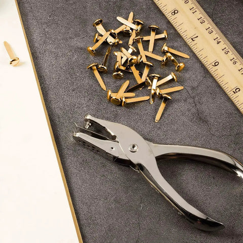 300 Pieces Three Quarters Inch Paper Fasteners Small Round Metal Brads With Hole Punch Included For Scrapbooking Crafts And DIY Gold Tone Rustproof Brass Plated Finish For Smooth Use And Great Looking Projects