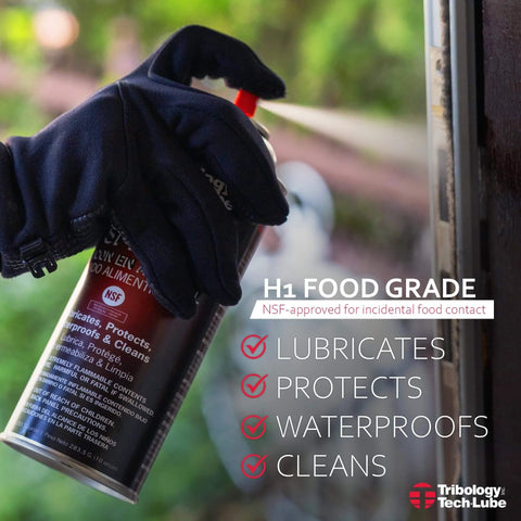 Gloved hand spraying Silicone Aerosol Lubricant Spray For All Surfaces NSF H1 Food Grade Certified on a door hinge