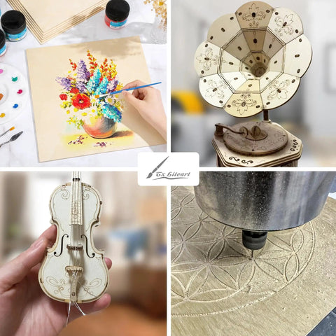 Collage of DIY projects using Premium Baltic Birch Plywood Sheets For Laser Cutting And DIY Crafts One Eighth Inch Thick 11.8 By 20 Inches 20 Pack Value Pack A Grade Veneer On Both Sides Individually Wrapped For Moisture Protection, including painting, wood carving, and laser cutting.