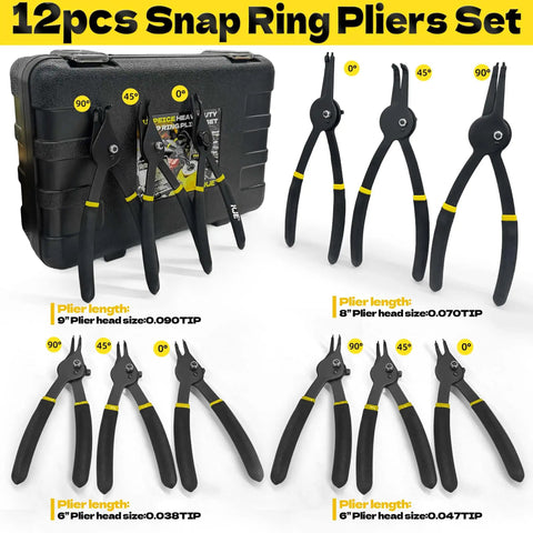 Beefy Twelve Piece Heavy Duty Snap Ring Pliers Set with straight, 45, and 90 degree jaw tips, shown with black storage case.