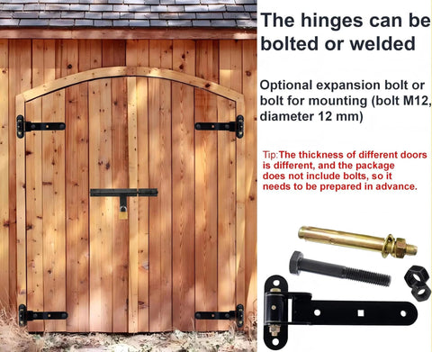 Heavy Duty T-Strap Gate Hinges 2 Pack, 900 Lb Load Capacity installed on wooden gate, showing mounting bolts options