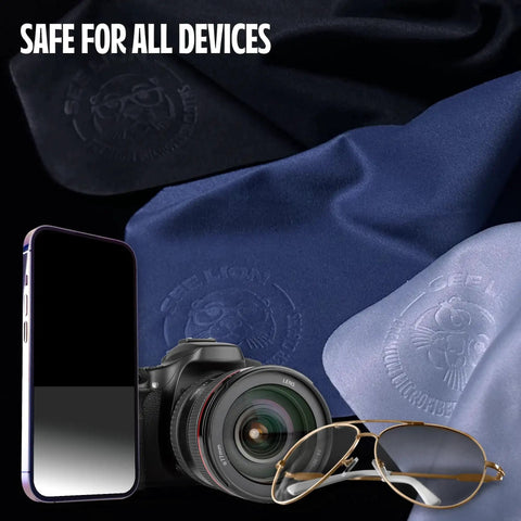 Ultrasoft Microfiber Lens Cleaning Cloths for Glasses and Screens 6 Pack shown with phone, camera, and glasses.