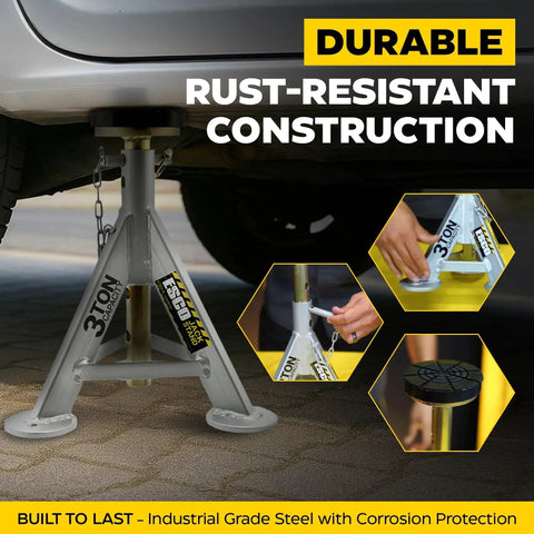 3 Ton Jack Stands Pair With 10 Adjustable Heights And Rust Resistant Post supporting a vehicle with durable steel construction