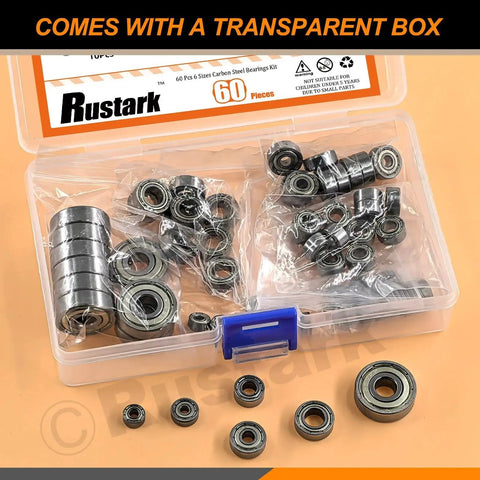 Six Size Carbon Steel Deep Groove Ball Bearing Set With Double Shielding 60 Pieces For Furniture Wheels Skateboards And Scooters By Rustark in clear box