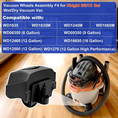 Image of a vacuum wheel assembly for Ridgid wet/dry vacuums, featuring various compatible WD model numbers and a displayed vacuum in use.