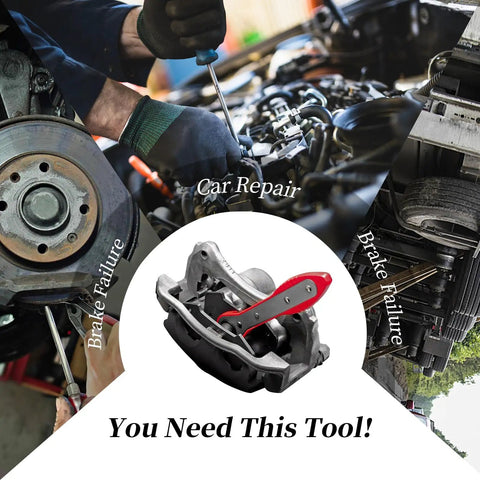 Brake caliper piston compressor tool with red handle and metal body; close-up view.