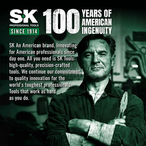 Man in workshop holding tools representing SK Professional Tools' 100 years of innovation, promotion poster.