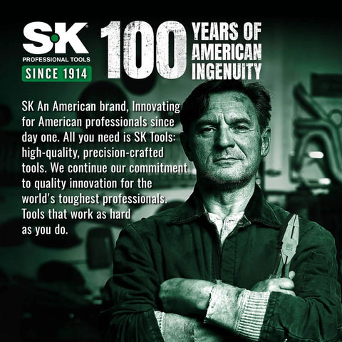 SK Professional Tools 100 Years of American Ingenuity poster with a craftsman holding tools