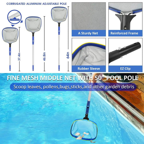 All In One Pro Grade Pool Cleaning Kit With 10 Inch Nylon Brush And 50 Inch Telescopic Aluminum Pole With Ultra Fine Mesh Skimmer Net