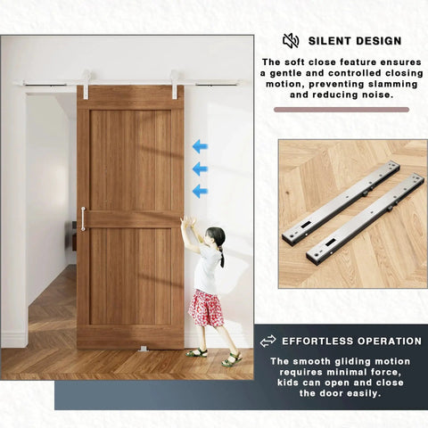 Two Pack Stainless Steel Barn Door Soft Close Mechanism for Flat Track With Adjustable Weight Up To 160 Pounds Universal Compatibility Hole Free Installation or Drilled Track Optional Effortless Smooth Opening and Closing Silver installed on wooden barn door.