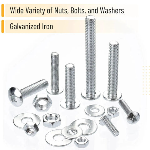 Heavy Duty Bolt Nut And Washer Kit For DIY Projects And Home Repairs, 226 Piece Assortment with galvanized iron bolts, nuts, washers