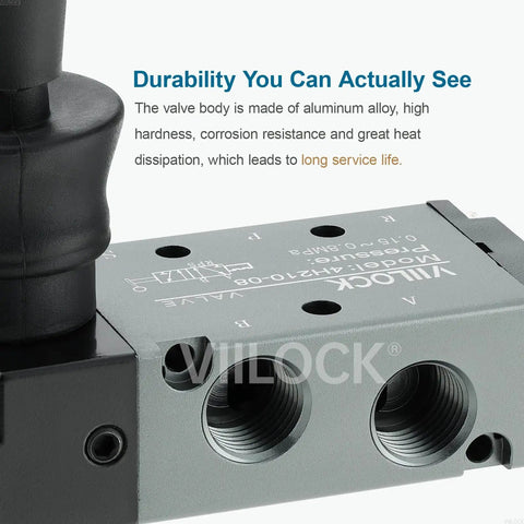 Close-up of 5 Way 2 Position Pneumatic Solenoid Valve With 1 Quarter Inch NPT Inlet And 1 Quarter Inch Outlet Easy Grip Hand Lever