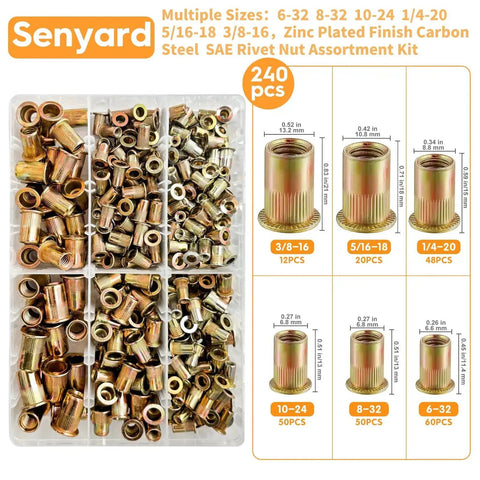 Rivet Nut Assortment Kit 240 Pcs Six Sizes 6-32 8-32 10-24 1/4-20 5/16-18 3/8-16 UNC Zinc Plated Carbon Steel Rivnuts